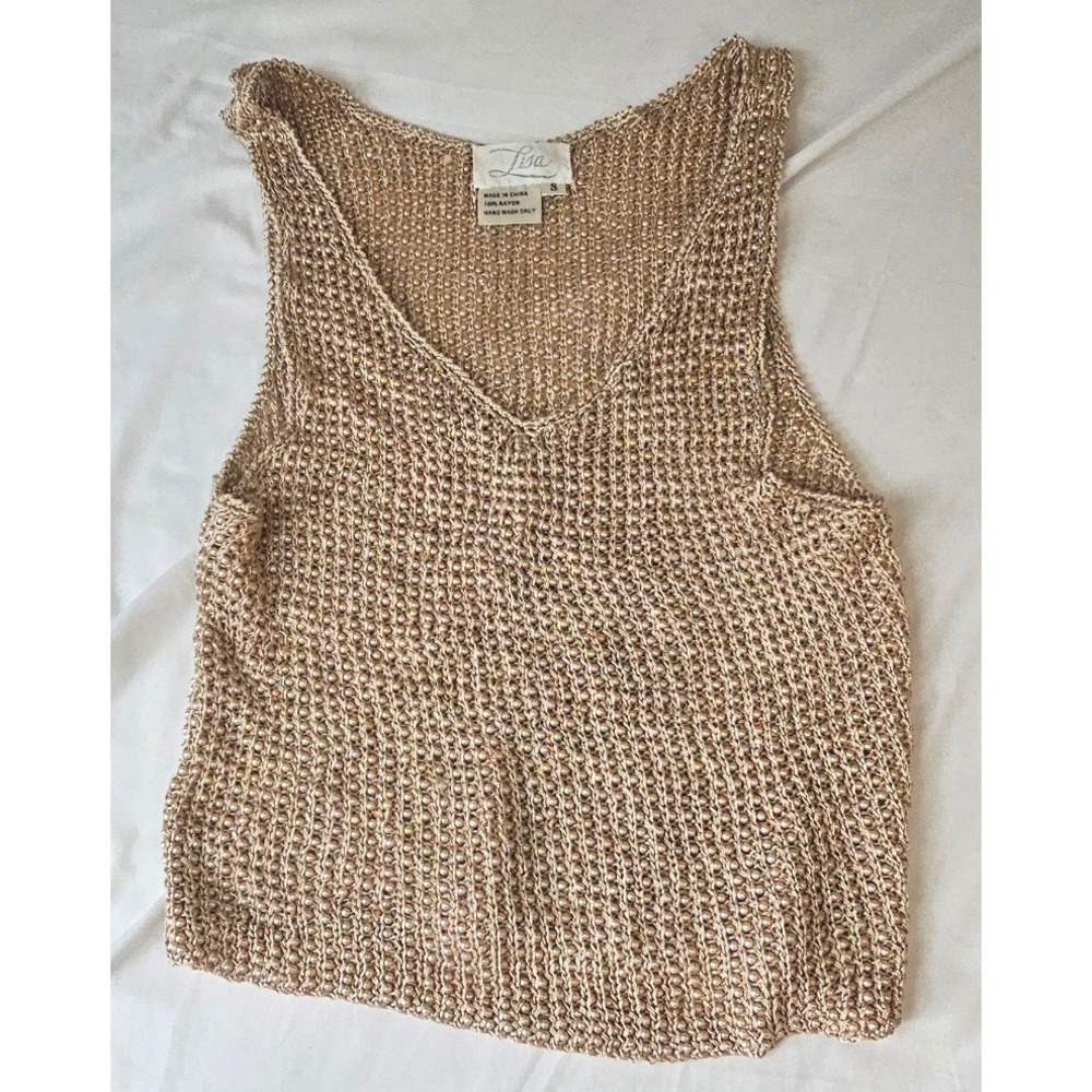 Lisa Champagne Gold Beaded Knit Tank Top V-Neck Metallic Pearl Accents Small